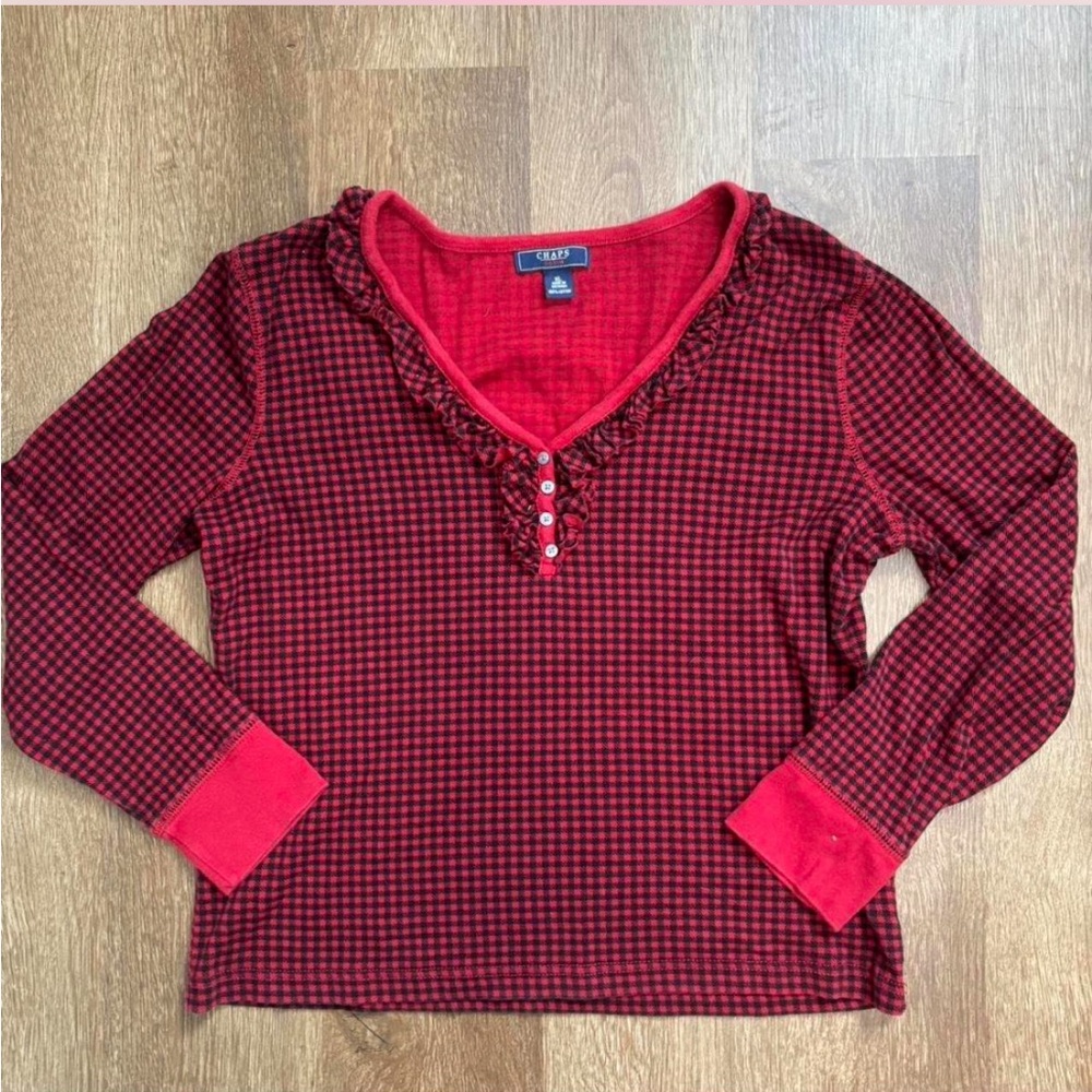 Chaps Red and Black Plaid V-Neck Top